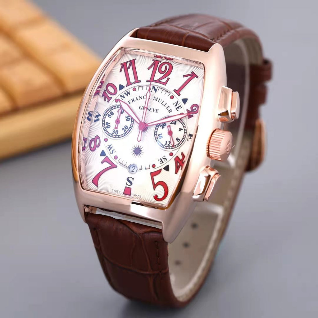 Men's Watches Bucket Shape F Muller Quartz Wristwatch Week Display Leather Top Fashion Brand Luxury Business Watch for Men