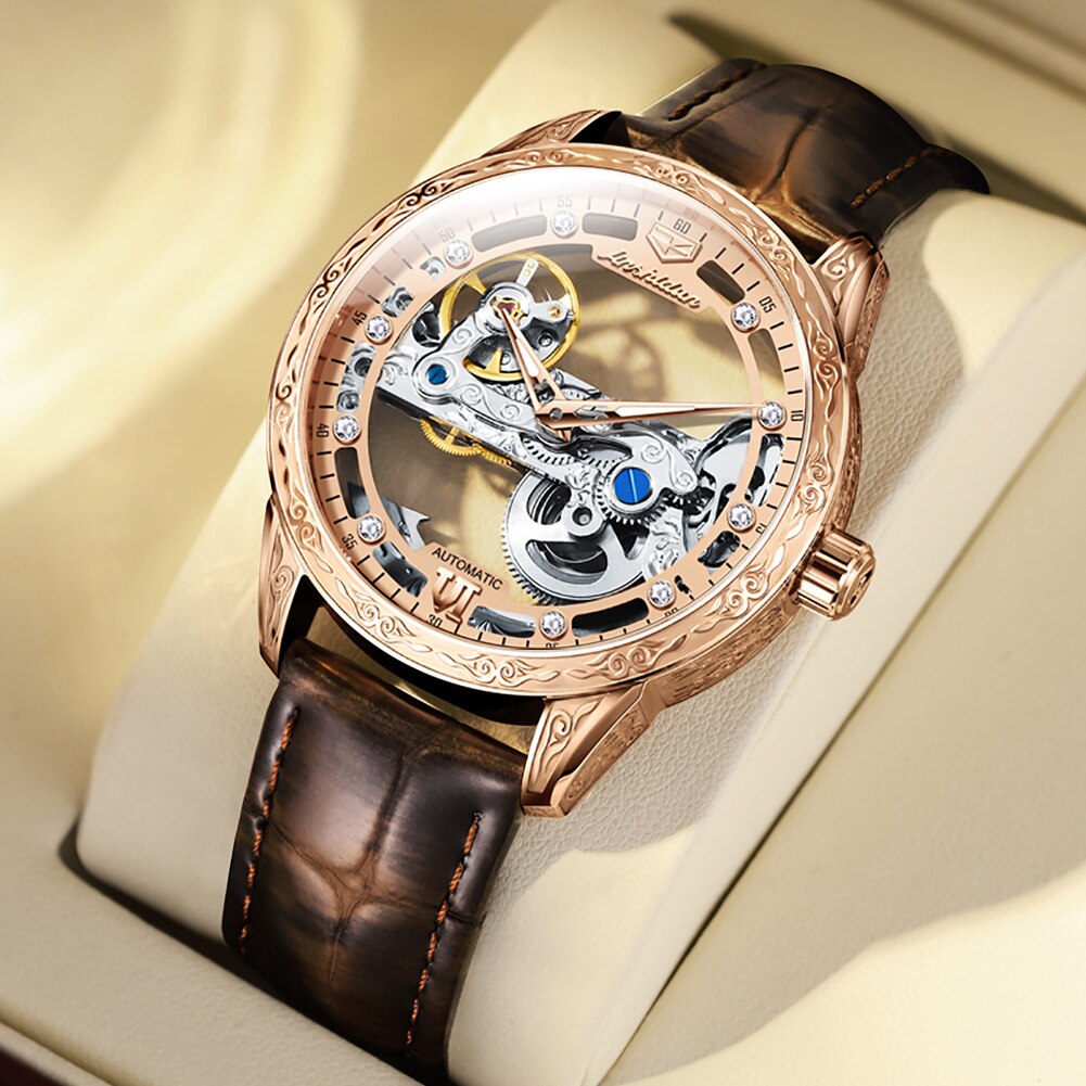 Men Watch Automatic Mechanical Wristwatch Hollow Design Waterproof Luminous Hands Leather Watchband Individual Male Clock