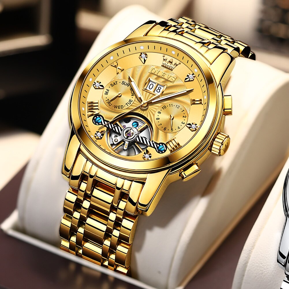 Men Watch Automatic Mechanical Wristwatch Fashion Male Clock Waterproof With Double Calendar Hollow Design Luminous Hands Watch