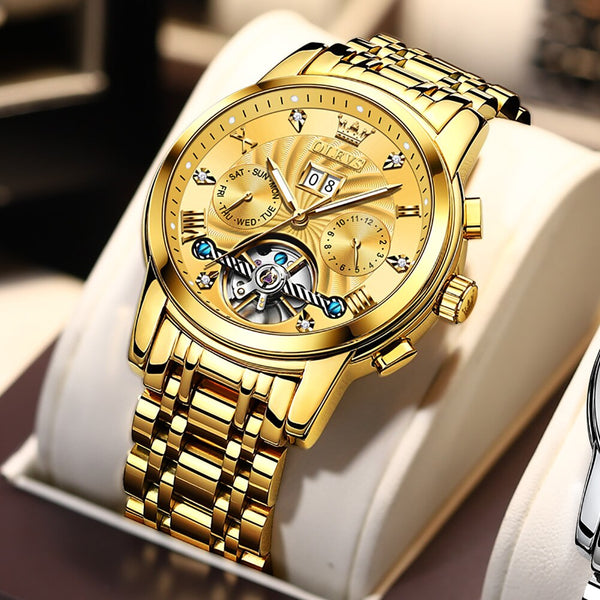 Men Watch Automatic Mechanical Wristwatch Fashion Male Clock Waterproof With Double Calendar Hollow Design Luminous Hands Watch
